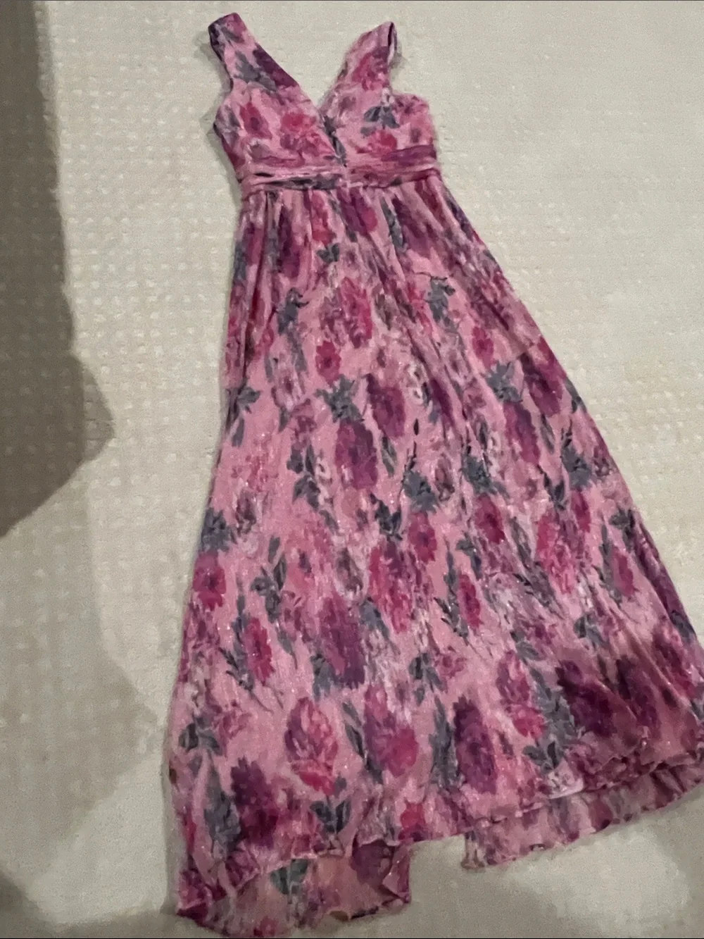 R & M Richards Pink and Purple Floral V-Neck Maxi Dress